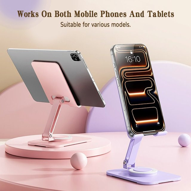 AKABEILA Tragbarer 360 Grad Drehbarer Tablet-Halter aus Aluminiumlegierung für iPad und Handy, verstellbar, Silber und Pink - Bild 1