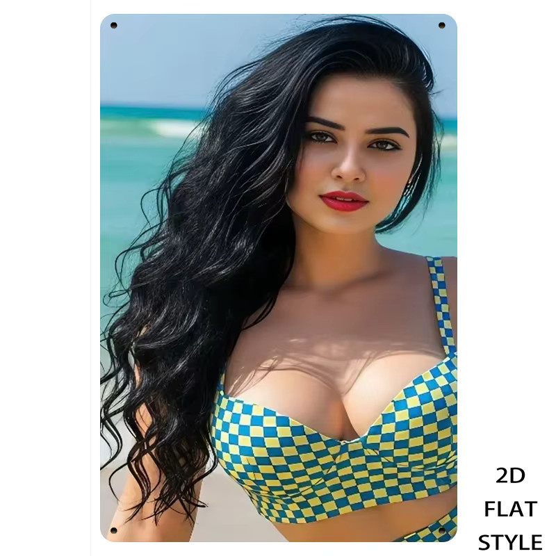 Retro-Metallschild HELLOYOUNG Frau im Bikini am Strand, Wandkunst aus Eisenblech, Mehrfarbig, B: 20,3 cm, H: 30,5 cm - Bild 3