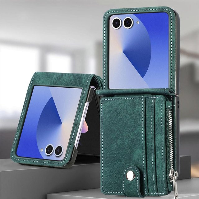 Luxus Leder Portemonnaie Handyhülle für Samsung Galaxy Z Flip 8 7 FE 6 5 4 3 in Grün mit Reißverschluss und Kartenhalter - Bild 1