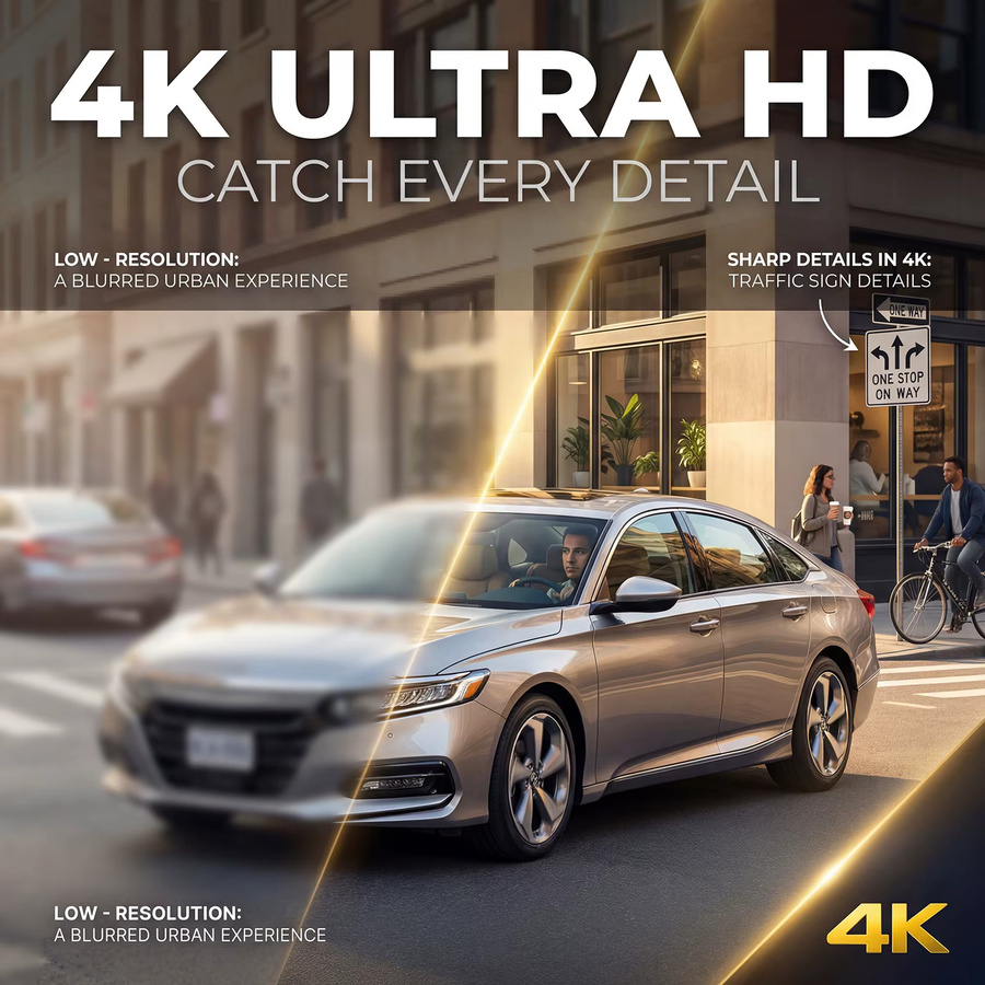Podofo 4K Dashcam mit WLAN und App, UHD 2160P Videokamera mit G-Sensor und Schleifenaufzeichnung, Schwarz, passend für Honda Accord 2023 2024 2025 Hybrid LX Sport EX Touring EX-L - Bild 3