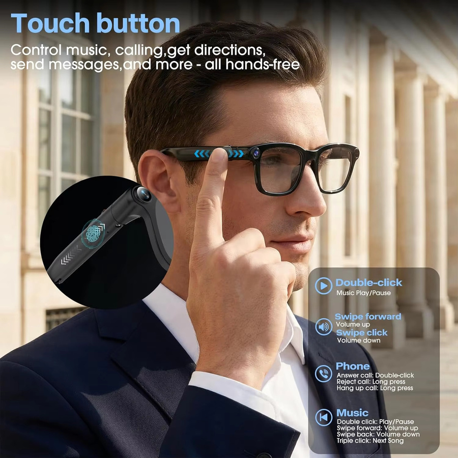 GUHUAVMI Smarte KI-Brille mit 1080P Kamera, Bluetooth Anruffunktion und WLAN-Übertragung in Schwarz - Bild 2