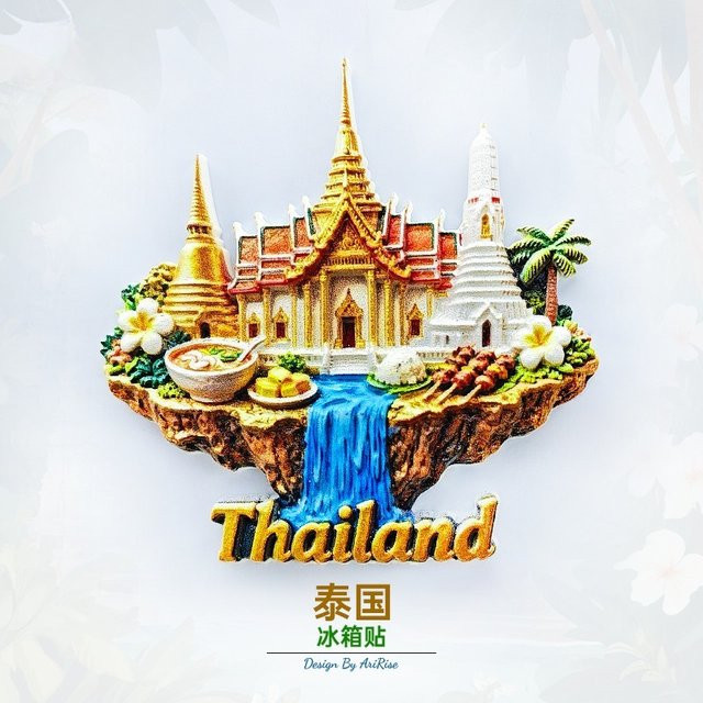 BearPaw Thailand Kühlschrankmagnet mit goldener 3D-Pagode und Wasserfall als orientalisches Natur-Souvenir - Bild 1