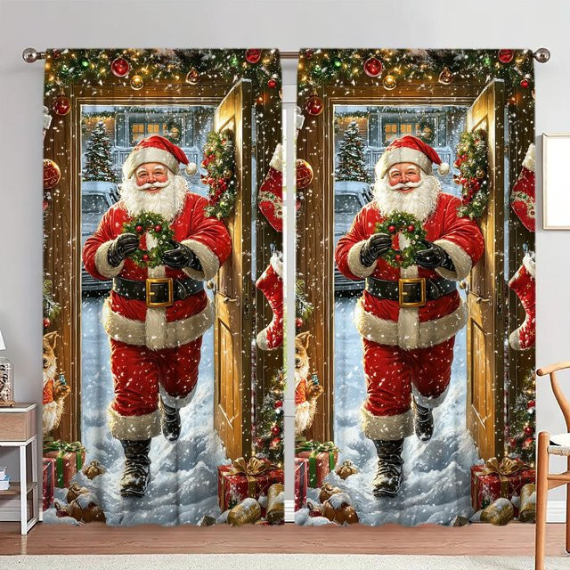 2er-Set Weihnachts Vorhänge Santa Claus Is Here in Grau, halbtransparent mit Grafikprint, Breite: 52,5 cm, Höhe: 116 cm - Bild 1