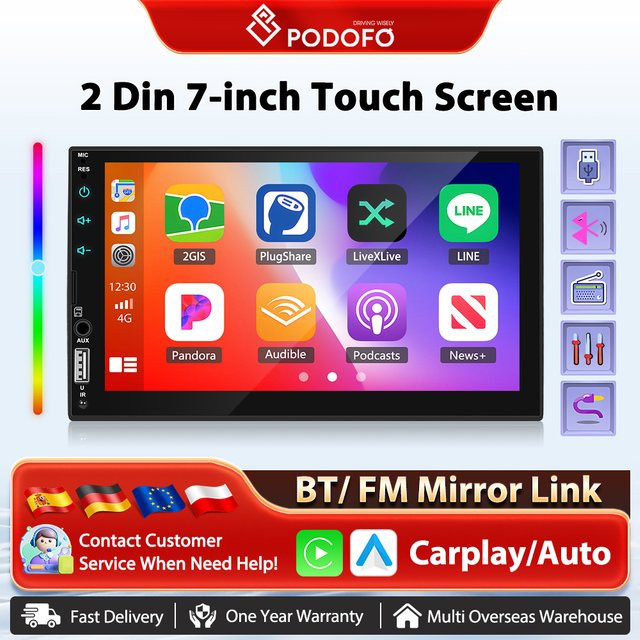 Podofo 7 Zoll Android Auto und Apple CarPlay Multimedia Player mit Bluetooth, Mirrorlink, DAB und Rückfahrkamera in Schwarz - Bild 1