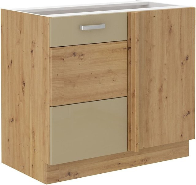 Eckunterschrank 105 Küchenzeile in Eiche Artisan und Cappuccino Hochglanz, Breite: 105 cm, Farben: Braun und Beige - Bild 1
