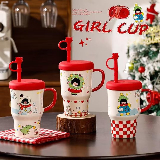 Kreative Weihnachtsmädchen-Trinktasse von Yiran Furniture mit Deckel, Keramik, Farbe: Rot, Volumen: 550 ml - Bild 1