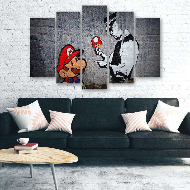 Fünfteiliger Leinwanddruck Feeby Banksy Mario Graffiti in Grau und Mehrfarbig, B: 100 cm, H: 70 cm - Bild 2