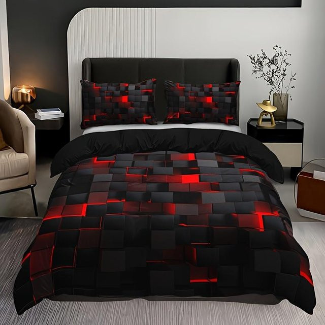 Bettwäscheset mit rotem Gittermuster von Binchi Outdoor Product, bestehend aus 1 Bettbezug und 2 Kissenbezügen, Farbe Rot-Schwarz, B/H: 140 x 210 cm - Bild 1