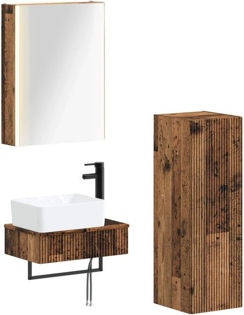 vidaXL Badezimmermöbel-Set 4-teilig aus Altholz und Glas in Braun mit LED-Beleuchtung und Spiegelschrank - Bild 1