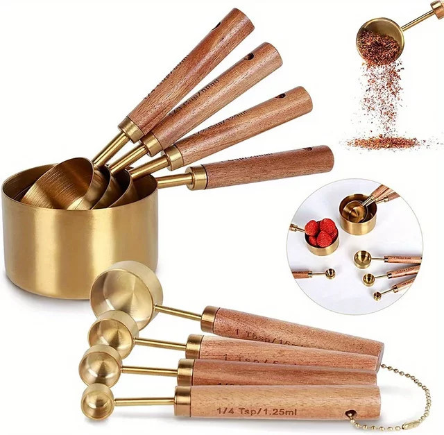 JAOER 8er-Set Messbecher und Messlöffel aus vergoldetem Edelstahl mit Akazienholzgriff in Gold und Silber - Bild 1