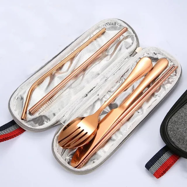 Wiederverwendbares Reisebesteck-Set aus poliertem Edelstahl in Silber mit Löffel, Gabel, Stäbchen, Strohhalm und Tragetransportbox - Bild 1