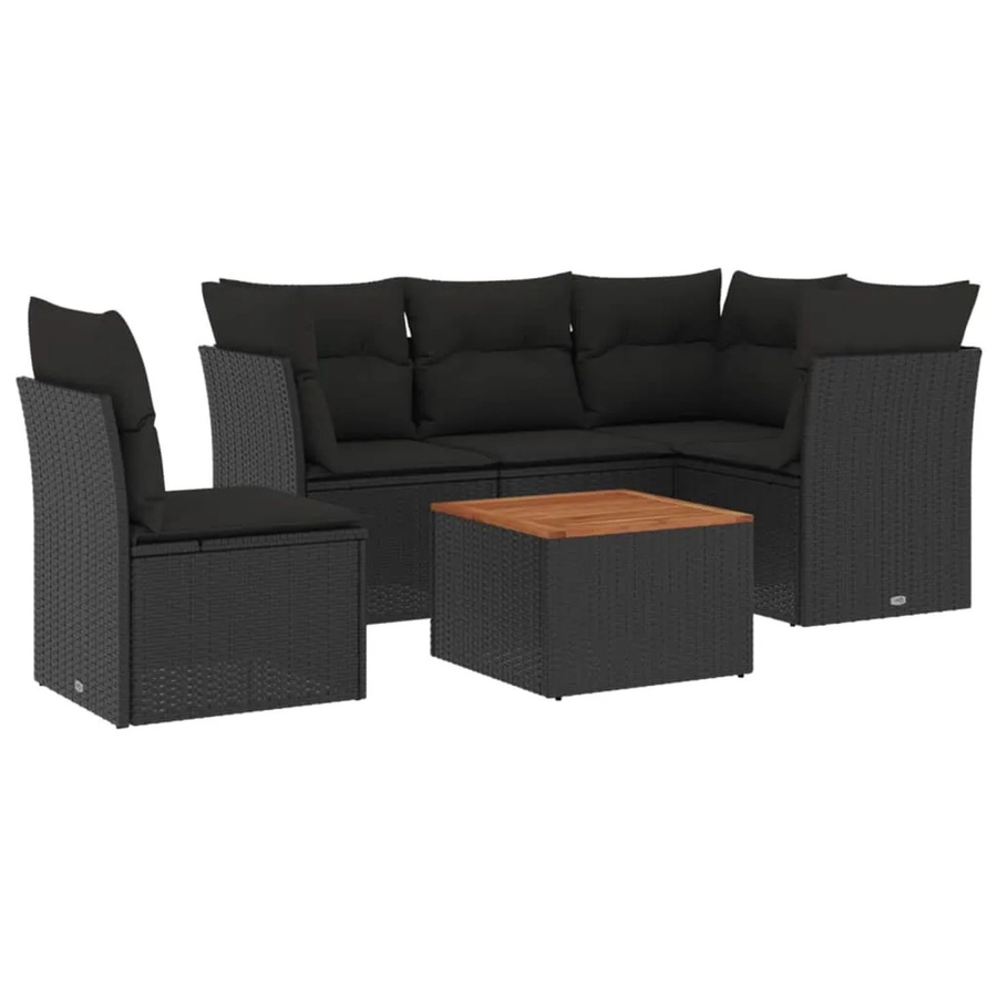 vidaXL 6-teilige Garten-Sofagarnitur in L-Form aus Polyrattan und Akazienholz mit Kissen, Schwarz - Bild 2
