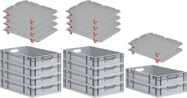 PROREGAL SparSet 10x Eurobox NextGen Grip mit Auflagedeckel und roten Schiebeschnappverschlüssen, Grau, H x B x T: 12 x 40 x 60 cm - Bild 1