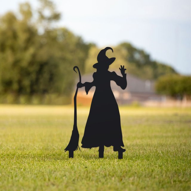 Klassische Hexensilhouette Gartenstecker in Schwarz aus Kunststoff für deine Halloween-Dekoration im Garten, auf der Terrasse oder im Rasen - Bild 1