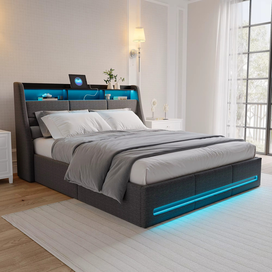 Fangange Gepolstertes Doppelbett mit Stauraum und RGB-LED in Grau, B/T/H: 160 x 200 cm, mit hydraulischem Gaslift, USB-Ladefunktion und Kopfteil-Regal - Bild 3