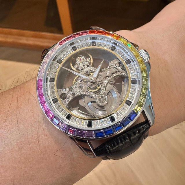 AOKULASIC Armbanduhr, Automatik, Edelstahl, Leder, Diamantbesetzt, Herren - Bild 1