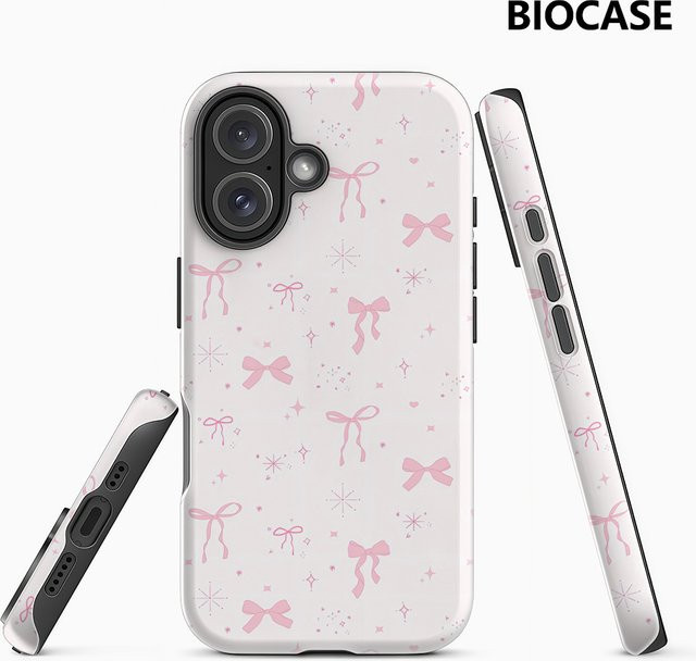 Handyhülle mit rosa Schleife und glitzerndem Muster für Apple iPhone, doppelschichtige Rückseite, Farbe: Pink - Bild 1