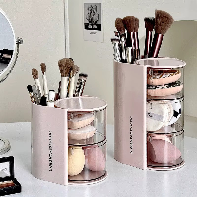 Rotierender staubdichter Kosmetik-Organizer aus Kunststoff in Pink mit Deckel für Make-up, Pinsel und Lippenstifte - Bild 2