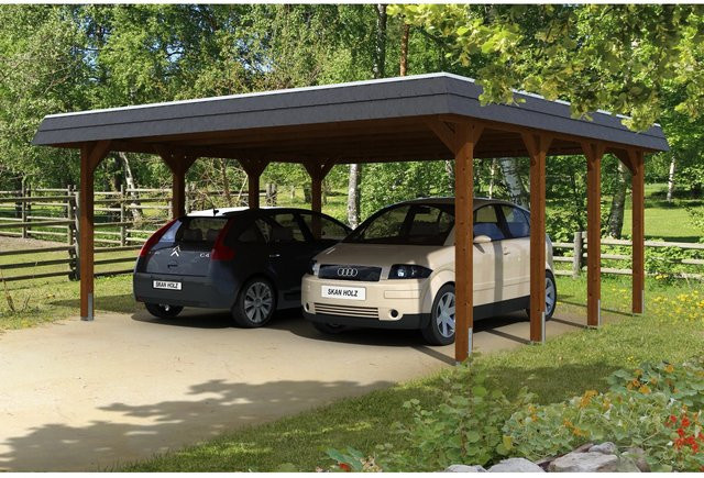 SKANHOLZ Carport Spreewald aus Nadelholz mit Flachdach und Aluminium-Dachplatten, Farbe: Nussbaum/Braun, B/T: 585 x 589 cm, Höhe: 250 cm - Bild 3