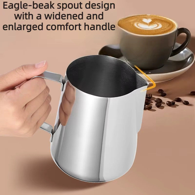 PKFC Professioneller Edelstahl-Kaffeeaufschäumer mit Ausgießer für Latte Art in Silber - Bild 4