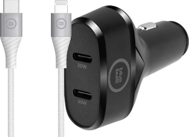 BlueBuilt Power Delivery Autoladegerät 45W in Schwarz mit weißem 1,5m Nylon Lightning Kabel - Bild 1