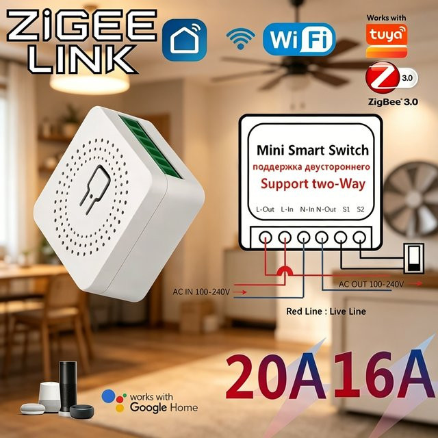 Tuya Smart Switch WLAN ZigBee Automatisierungs-Schalter Relais-DIY-Modul 20A 2-Wege mit Sprachsteuerung für Home Assistant, Weiß - Bild 1