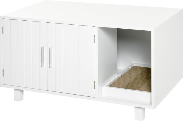 Aosom PawHut Katzenklo-Möbel als Beistelltisch mit Kratzbaumfach und 2-türigem Versteck, Weiß, B: 52 cm, T: 91 cm, H: 50,5 cm - Bild 1
