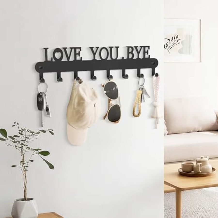 Love You Bye Selbstklebender Schlüsselhalter aus Metall mit 6 Haken zur Wandmontage, Schwarz - Bild 4