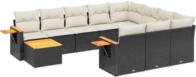 vidaXL 11-teilige Garten-Sofagarnitur in L-Form aus Polyrattan und Akazienholz mit Kissen in Schwarz-Creme - Bild 1