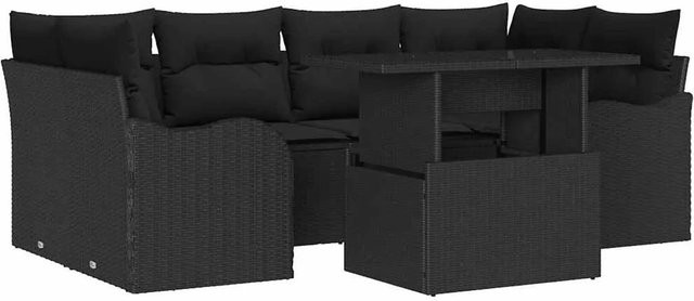 vidaXL Garten-Sofa-Set aus Poly Rattan in Schwarz, 7-teiliges L-Shape Lounge-Set mit Kissen und Tisch - Bild 1