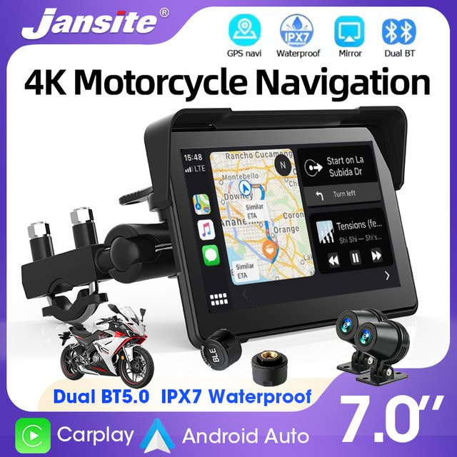 Jansite Drahtloses Moto Dashboard mit CarPlay und Android Auto, 5/7 Zoll Motorrad Display mit GPS Navigation, Schwarz - Bild 1