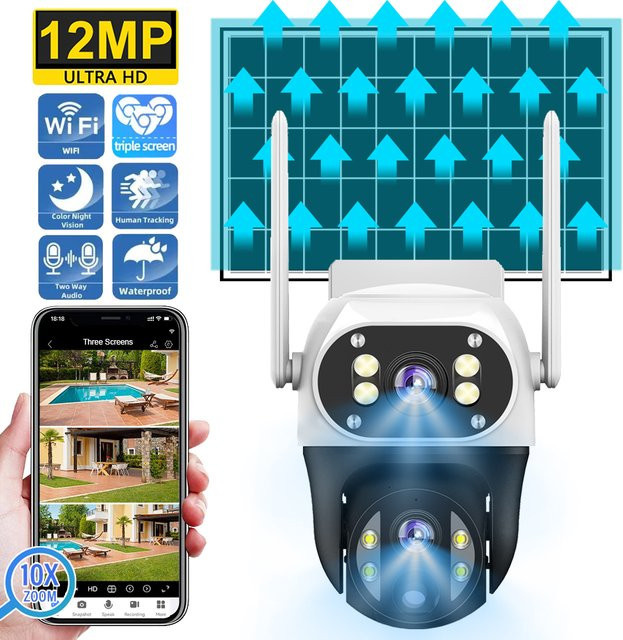 V380 WiFi-Solar-Überwachungskamera in Weiß mit dreifacher Sicht, PIR-Personenerkennung, 10-fachem digitalem Zoom und Nachtsicht - Bild 1