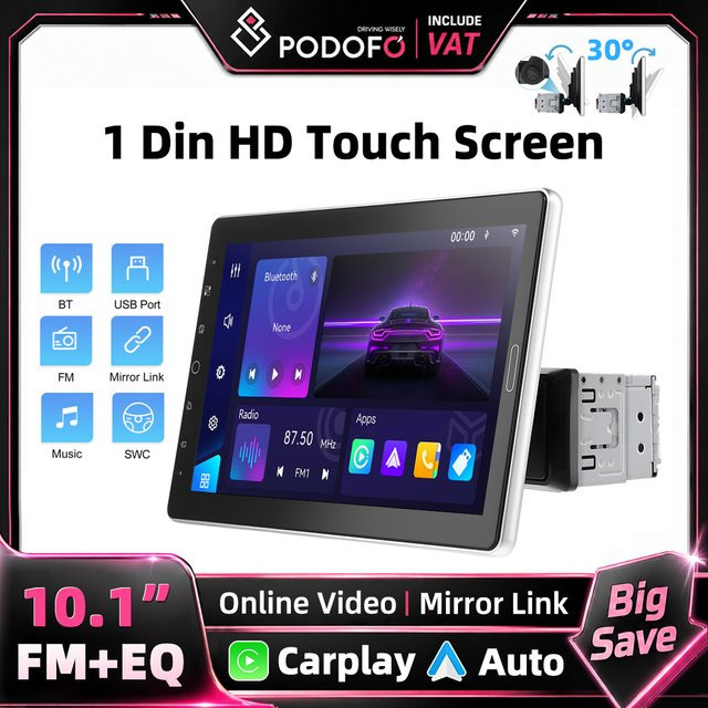 Podofo 1DIN Autoradio mit 10,1 Zoll abnehmbarem Bildschirm, MP5 Multimedia-Player mit kabellosem Carplay, Android Auto und Bluetooth, Schwarz - Bild 1