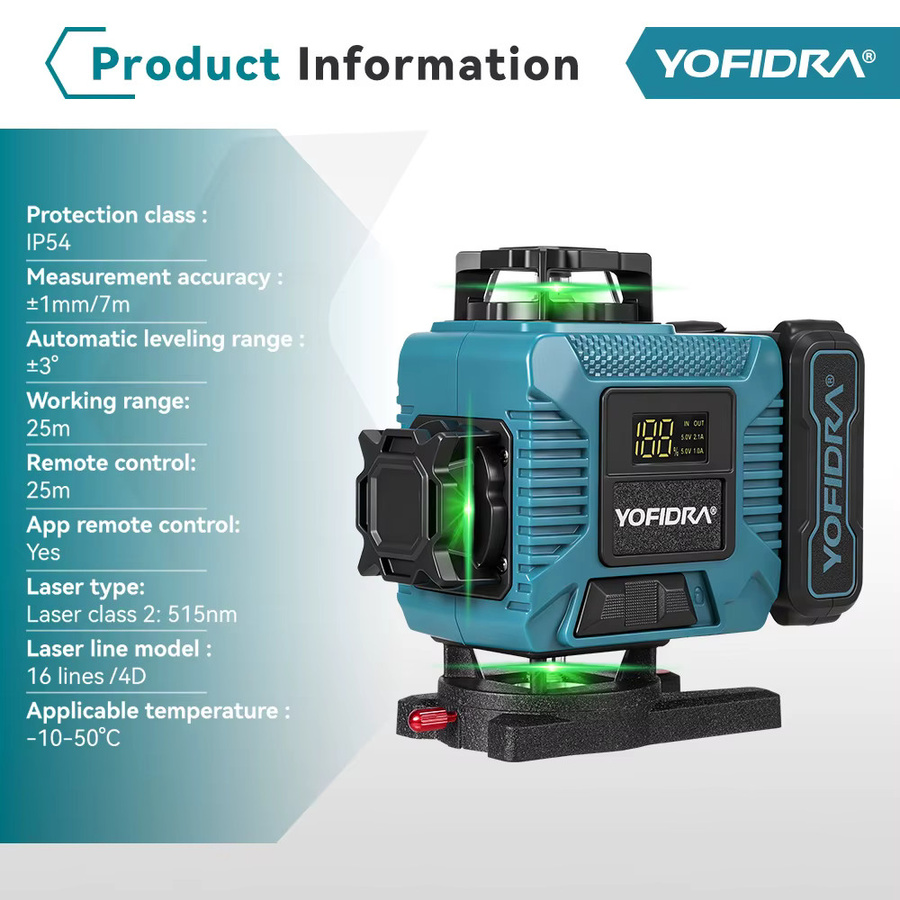 YOFIDRA 16-Linien 4D Laser-Nivelliergerät mit 1M Stativ, selbstnivellierendes Kreuzlinienlaser-Messgerät für horizontale und vertikale Messungen - Bild 2