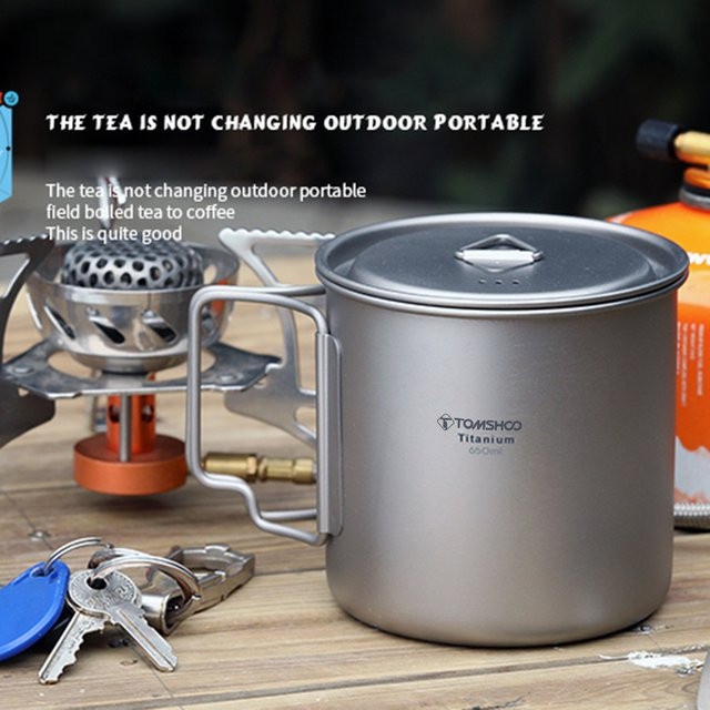 TOMSHOO Ultraleichter Titanbecher mit faltbarem Griff für Camping und Outdoor, 650 ml - Bild 1
