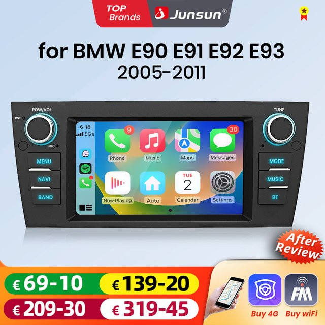 Junsun Wireless CarPlay und Android Auto Autoradio für BMW E90 E91 E92 E93 (2005-2011) mit 7 Zoll Display, GPS, WiFi und 4G in Schwarz - Bild 1