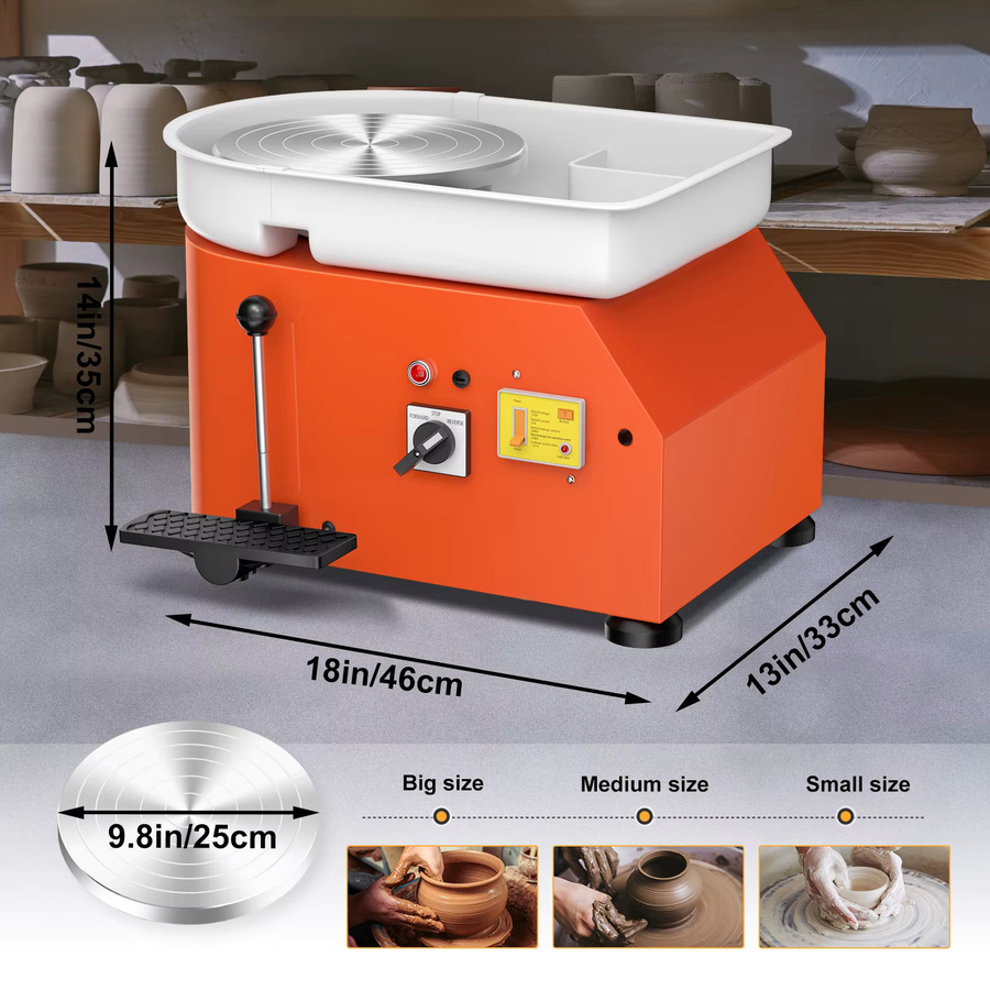 Professionelle Keramik-Töpferscheibe mit 350 W Leistung und Tablett, Durchmesser: 25 cm, in Grau und Orange - Bild 4