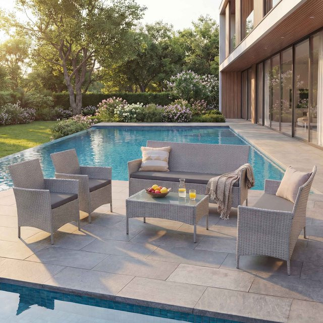 MCW Poly-Rattan Garten-Garnitur Hamar Lounge-Set in Grau mit anthrazitfarbenen Sitzkissen - Bild 1