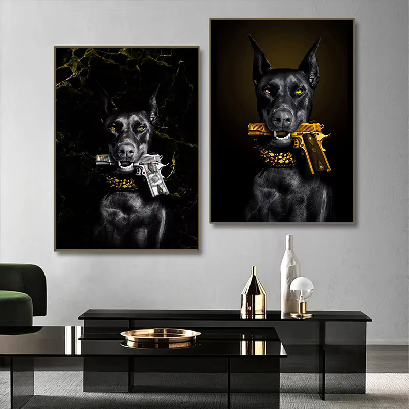 Potdemiel Leinwandmalerei Dobermann und Löwe mit Pistole in Schwarz Modernes Wandbild für dein Zuhause - Bild 2