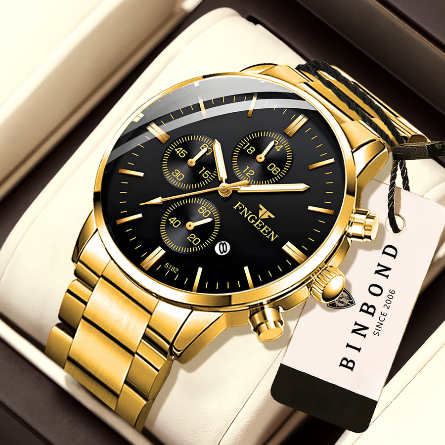 BINBOND Armbanduhr Quarz, Edelstahl, Schwarz, Gold, Herren, Datum - Bild 2