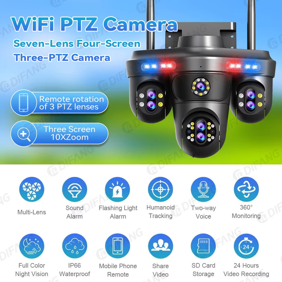 DiFang WLAN-IP-Kamera mit 35MP, 10-fach optischem Zoom, 7 Linsen und 4 Bildschirmen, PTZ Außenüberwachungskamera mit Auto-Tracking und Nachtsicht in Schwarz - Bild 2