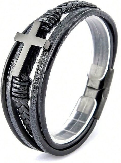 XYNN Armband, Edelstahl, geflochtenes Leder, Schwarz, Herren, 23cm - Bild 1