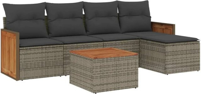 vidaXL 6-tlg Garten-Sofagarnitur aus Poly Rattan in Grau mit Kissen und L-Form für Terrasse und Garten - Bild 1