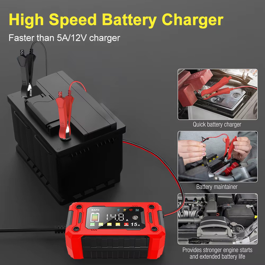 EAFC Smart Batterieladegerät 12V mit 15A/8A Puls-Reparatur und Display für Auto, Motorrad sowie Blei-Säure, AGM und GEL Batterien in Rot - Bild 2