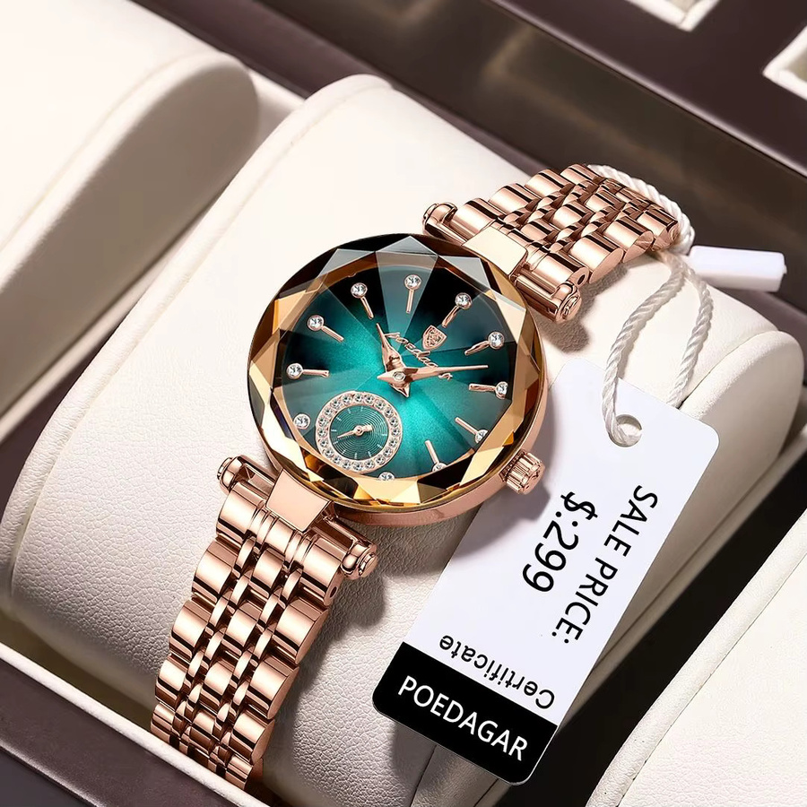 POEDAGAR Armbanduhr, Quarz, Edelstahl, Diamantbesetzt, Grün, Damen - Bild 2