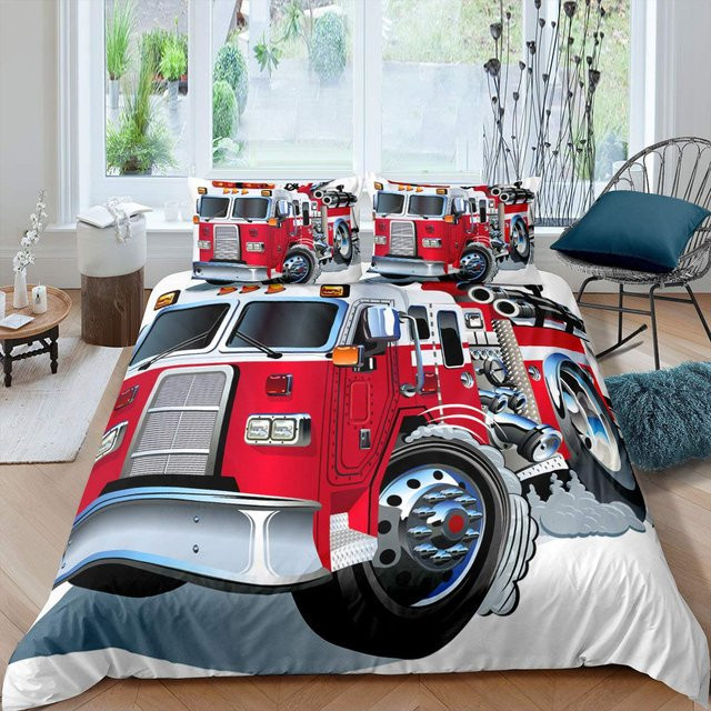 Bettwäsche-Set mit Feuerwehrauto-Muster für Kinder von Binchi Outdoor Product, Farbe Rot, B/H: 245 x 210 cm - Bild 1