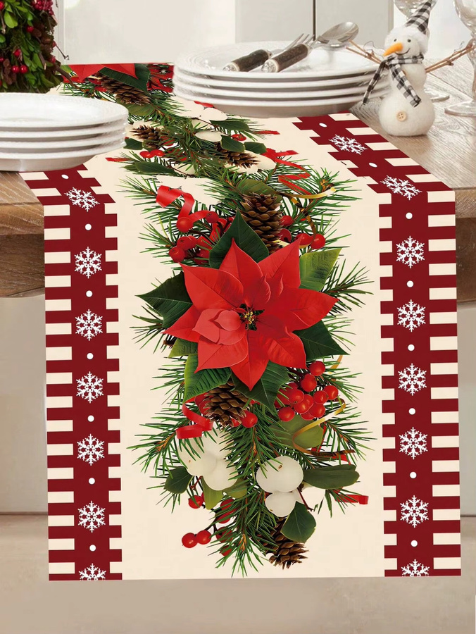 JIT Weihnachts-Tischläufer mit Weihnachtsstern und Kiefernmuster in Rot aus Leinen - Bild 3