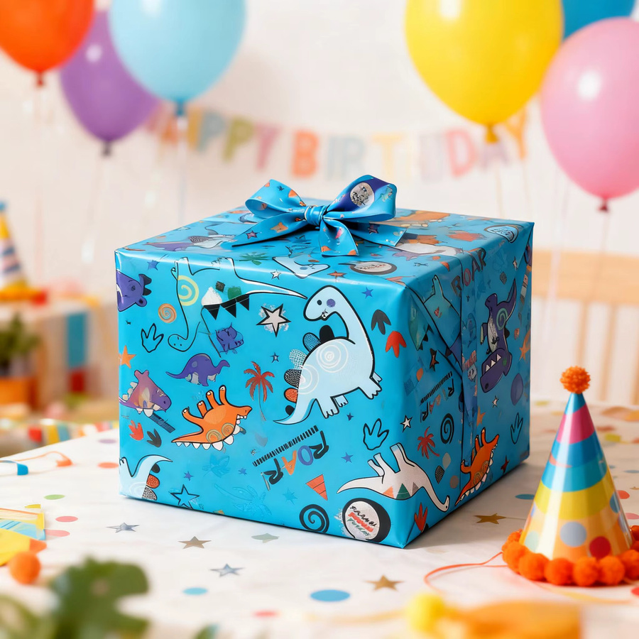 Blaues Geschenkpapier mit Dinosauriermustern für Geburtstage und Feiertage, 1 Rolle - Bild 5
