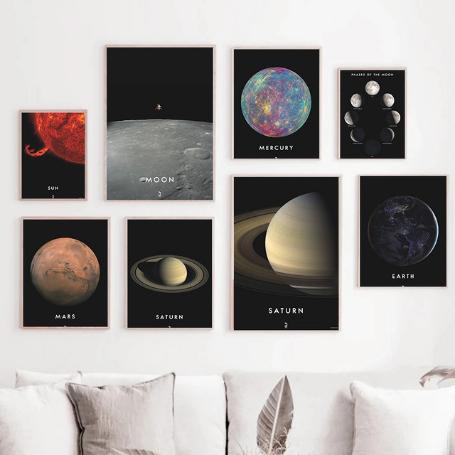 Potdemiel Minimalistisches Weltraum Poster mit Mondphasen und Saturn auf Leinwand, Schwarz - Bild 1