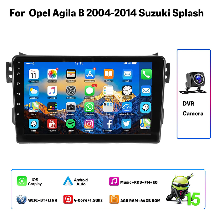 ESSGOO Multimedia-Videoplayer und Autoradio mit Android 15, kabellosem CarPlay und Android Auto, Bluetooth und Wi-Fi, Schwarz, für OPEL Agila, SUZUKI Splash und Ritz 2008–2014 - Bild 7